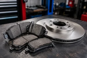 New brake pads and brake rotor placed on a workbench before professional installation