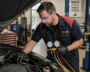 Auto mechanic diagnosing car AC system with pressure gauges during air conditioning repair at Cherry Capital Auto Clinic