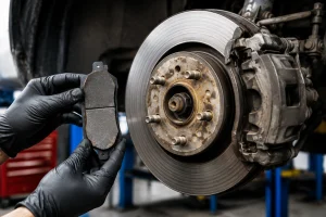 Close-up inspection of a car brake pad and rotor by an automotive mechanic